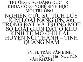 Đề tài Nghiên cứu sự tích lũy kim loại nặng (pb, as) trong đất và trong một số loài giun đất ở khu kinh tế mở Chu Lai – huyện Núi Thành – tỉnh Quảng Nam