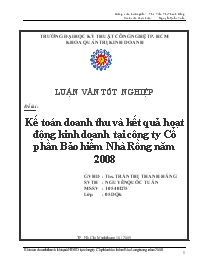 Luận văn Kế toán doanh thu và kết quả hoạt động kinh doanh tại công ty Cổ phần Bảo hiểm Nhà Rồng năm 2008